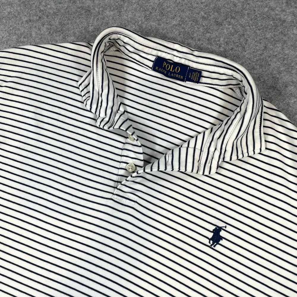Polo Ralph Lauren Mens Polo Shirt Large Striped Short Sleeve White Navy Blue